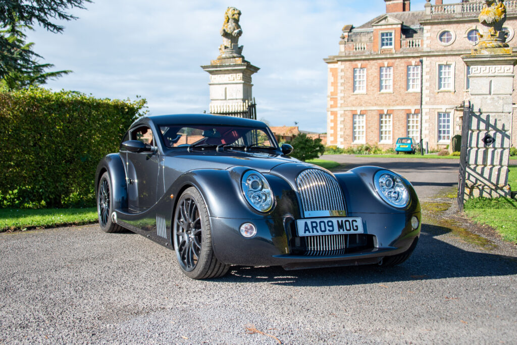 Morgan Aeromax in Gunmetal Grey shot at a stately home in Gloucestershire hero shot.