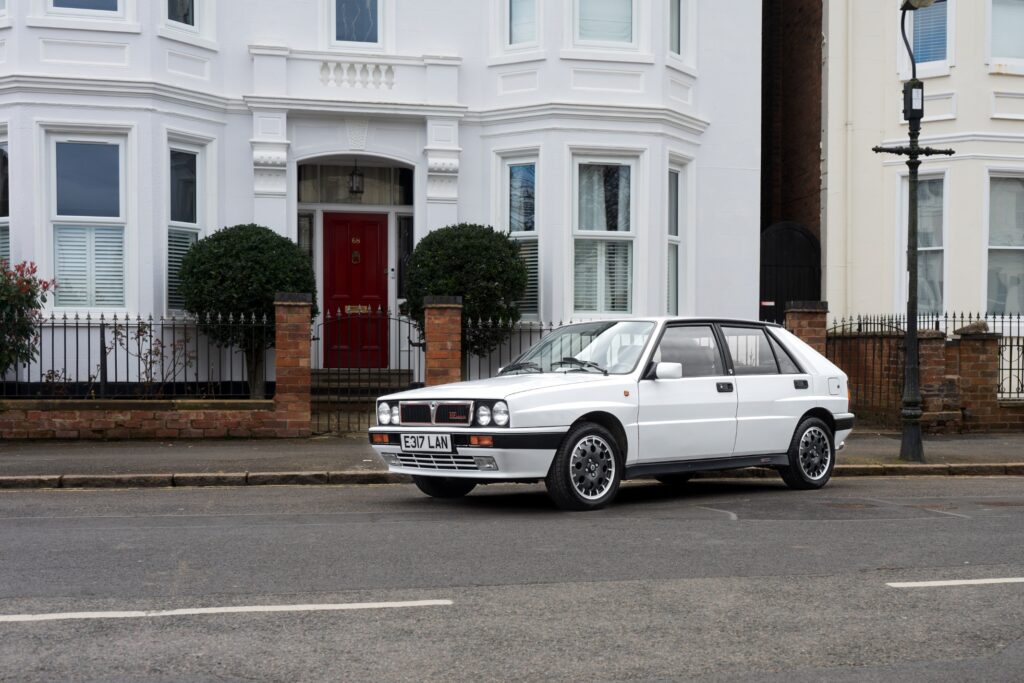 White Lancia Delta Integrale HF hero shot. Capture on Russell Terrace Leamington Spa