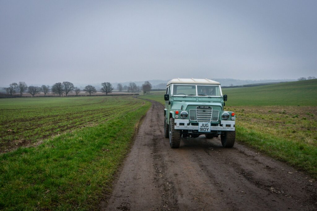 Classic Land Rover lightweight on a country track in Northamptonshire