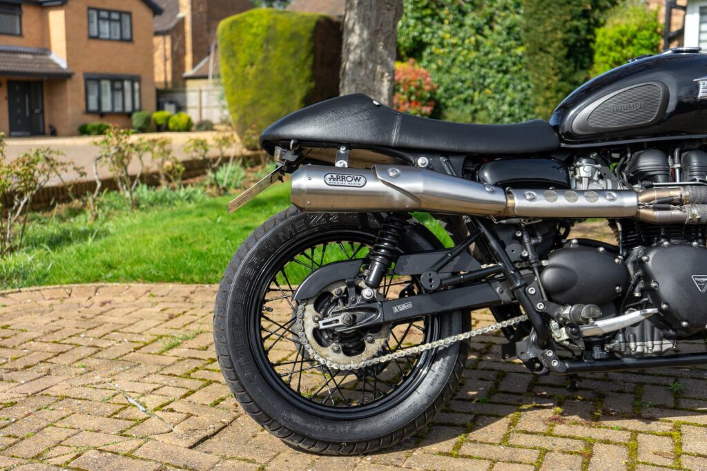 Arrow exhaust fitted to a Triumph Bonneville T100 Custom